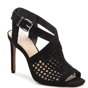 Vince Camuto Womens Peveli Sandals Stiletto Heels Black Leather Buckle 8.5 M